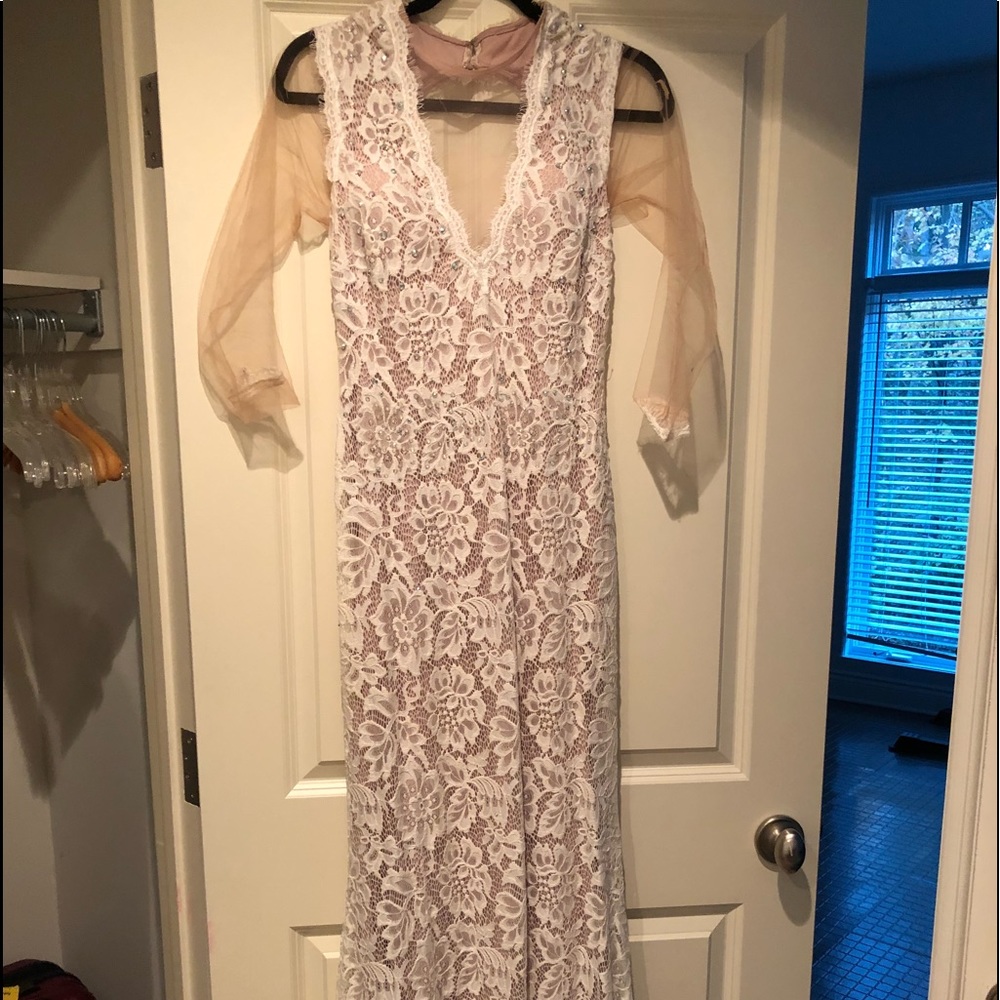 Jovani white and nude lace gown with mesh sleeves